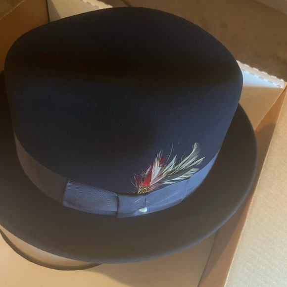 BLACK FRIDAY SALE-Men’s Blue Wool dress hat with satin ribbon and feather - Picture 4 of 9